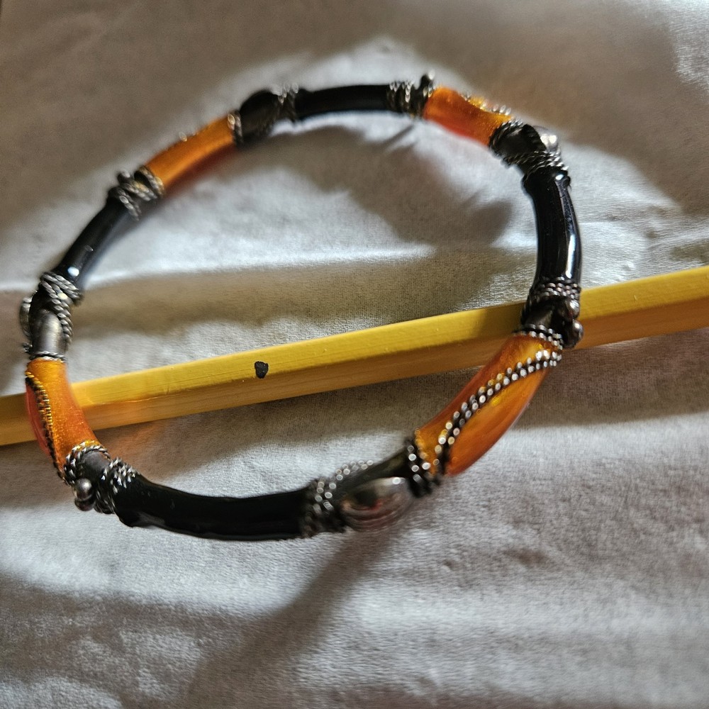 Bangle Bracelet Orange & Black Tiny Chain Wrap Vintage