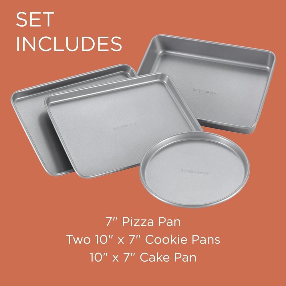Farberware Bakeware Steel Nonstick Toaster Oven Pan Set, 4-Piece Baking Set, Gra