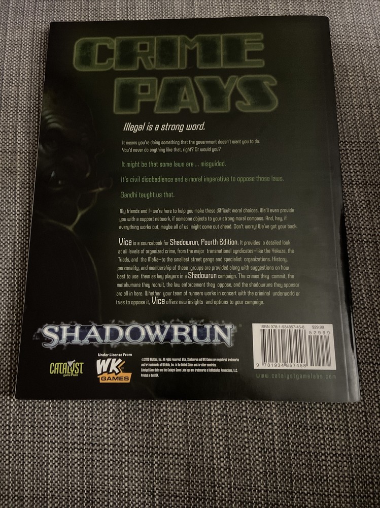 Shadowrun VICE- CRIME SOURCEBOOK Softcover RPG by Catalyst Games