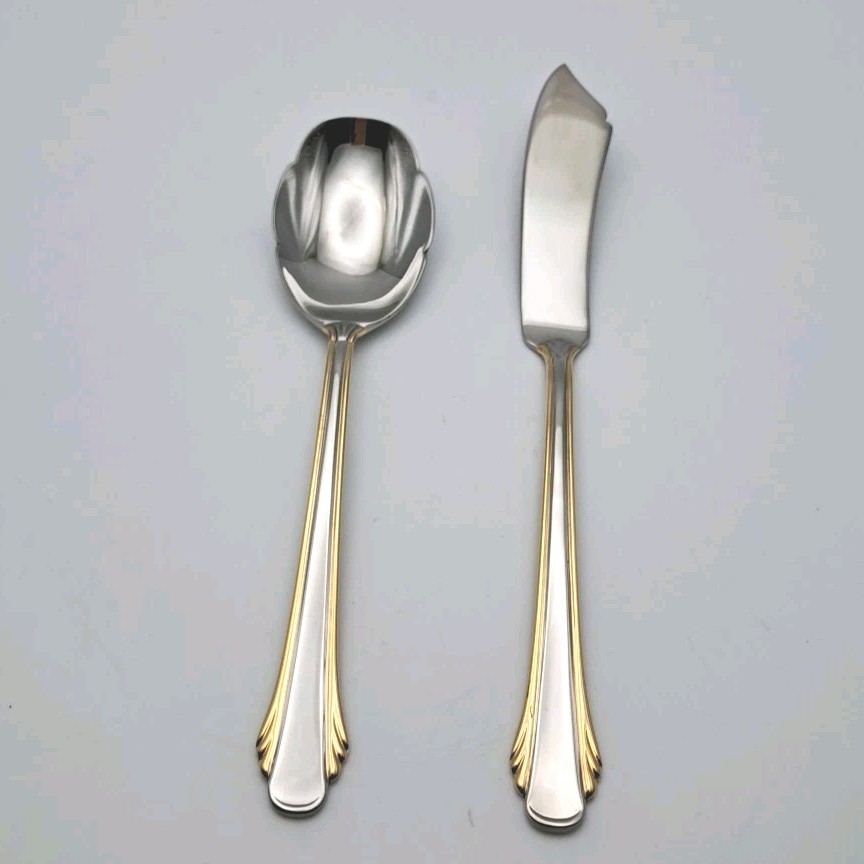 Gorham Calais Gold 2 Piece Hostess Serving Set Stainless 18/8 Flatware Glossy