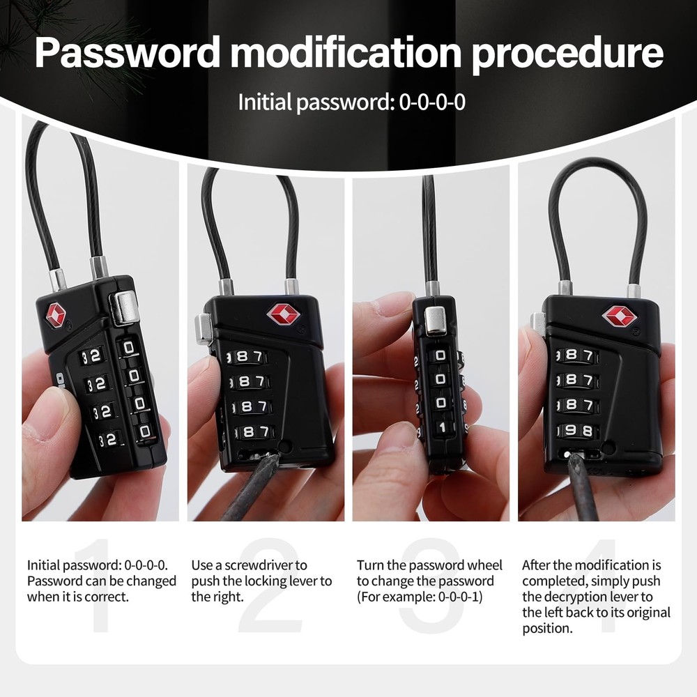 TSA Approved Luggage Lock 4 Digit Combination Cable Padlock Black Travel