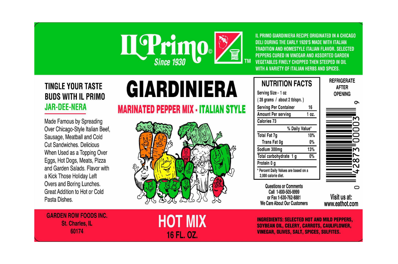 IL Primo Giardiniera IL Primo - Chicago Italian Beef Condiment 16oz Hot Mix
