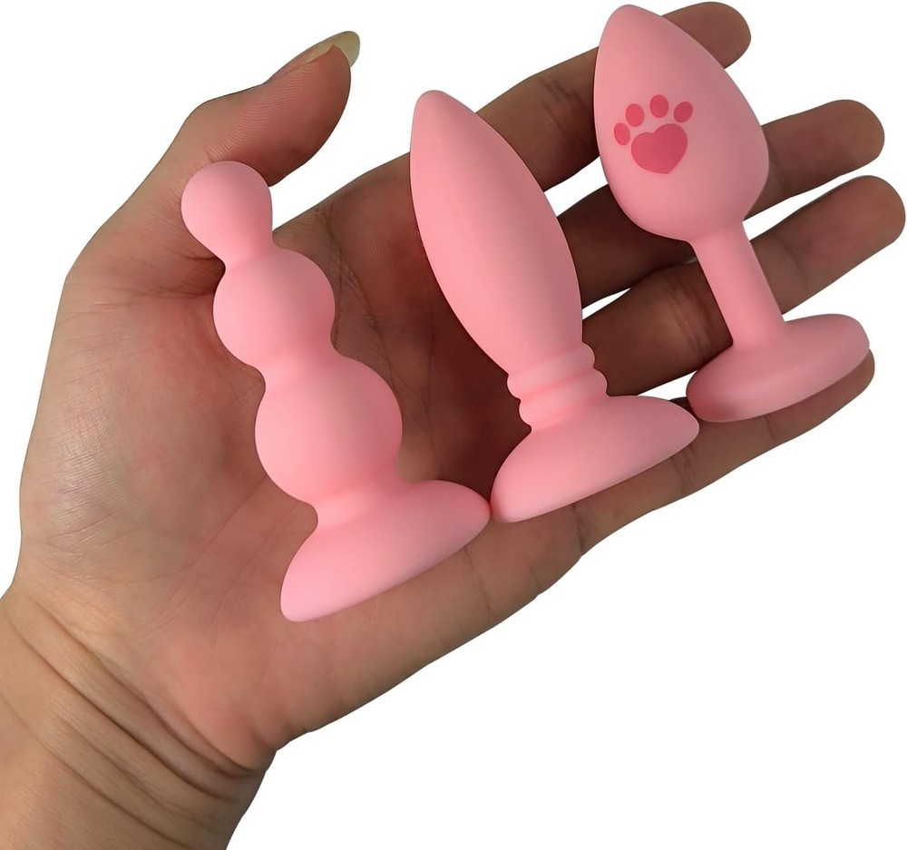 Pink Silicone Anal Tail with Three Interchangeable Butt Plugs for Beginners