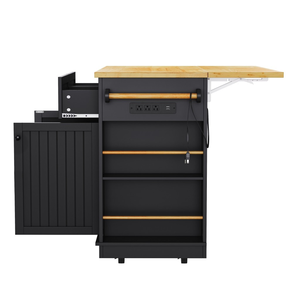 Large Kitchen Island Cart with Drop Leaf, Charging Station & 2 Stools, Black
