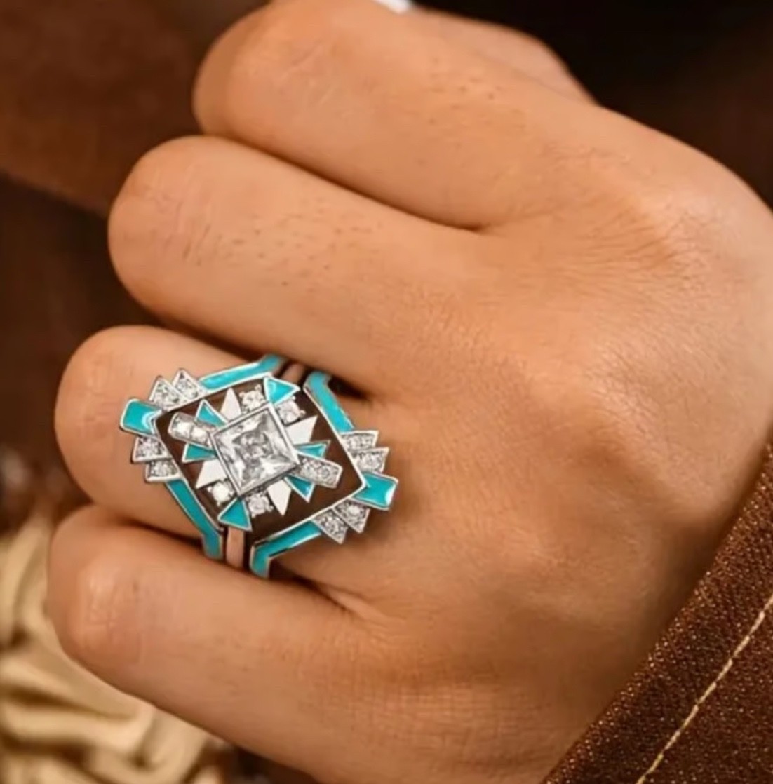 Moissanite Turquoise Bridal Set Ring 3pc Art Deco Silver Size 5.75 Geometric