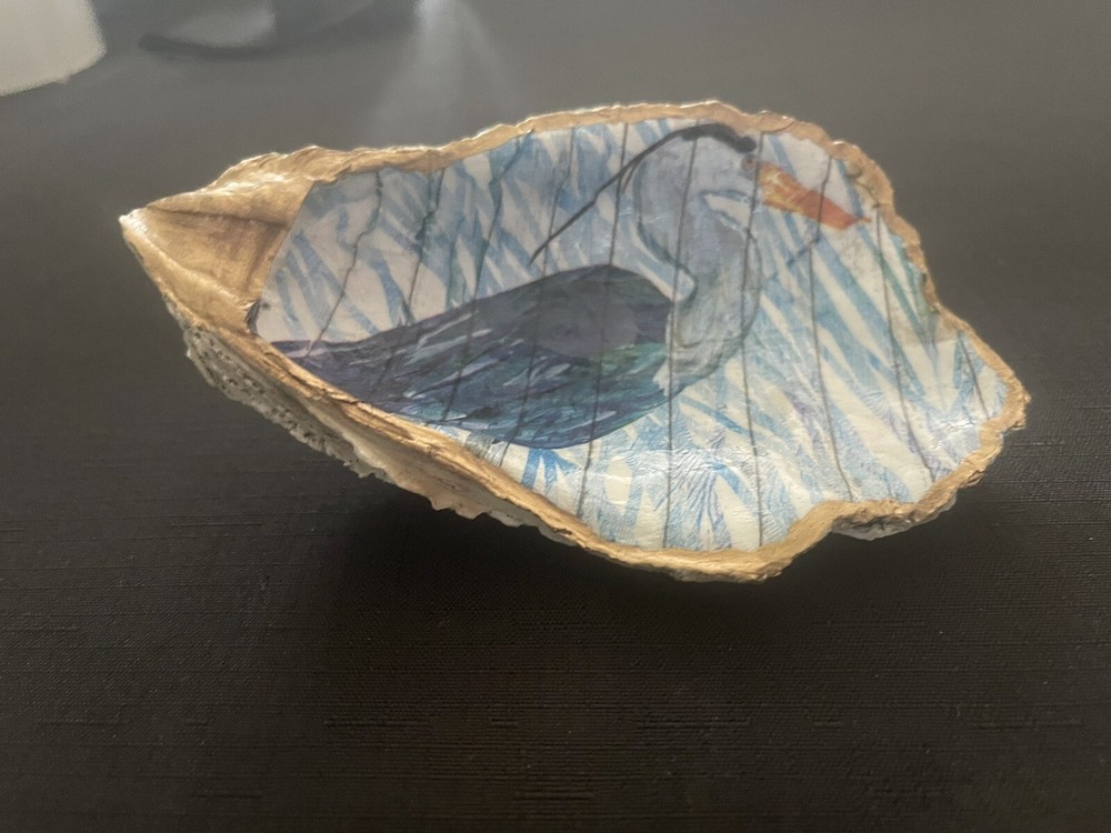 Decoupaged Blue Heron Oyster Shell Trinket Ring Dish