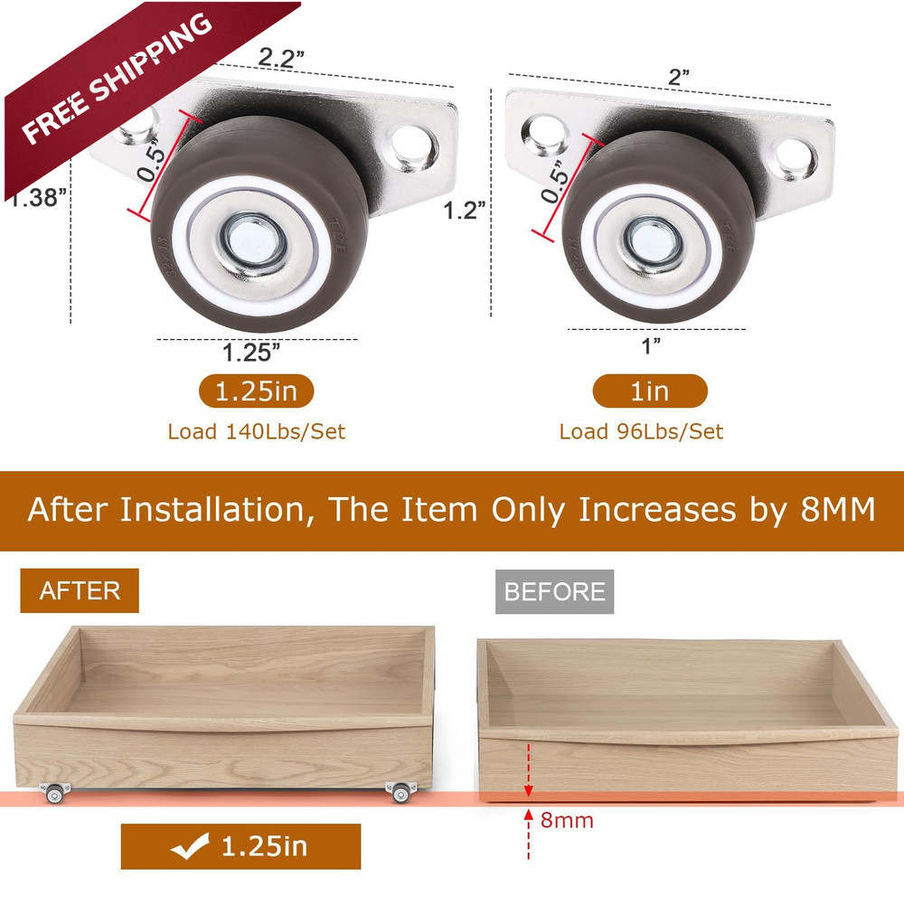 1.25 Inch Small Side Mount Caster Wheels, Mini Low Profile Casters Set Brown