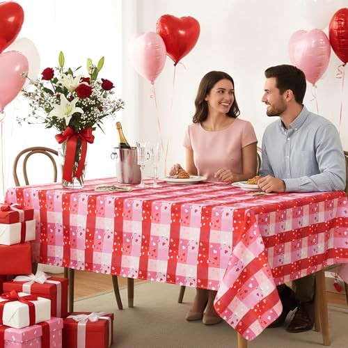 Valentine's Day Table Cloth, 60 x 84 Inch, 84" x 60" (Rectangular) Red Plaid
