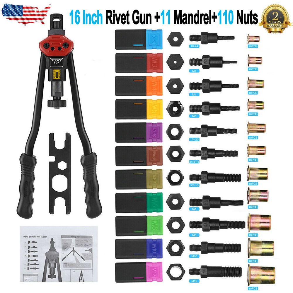 16" Hand Rivet Gun Kit Rivnut Thread Setting Tool Nut Setter NutSert Metric SAE