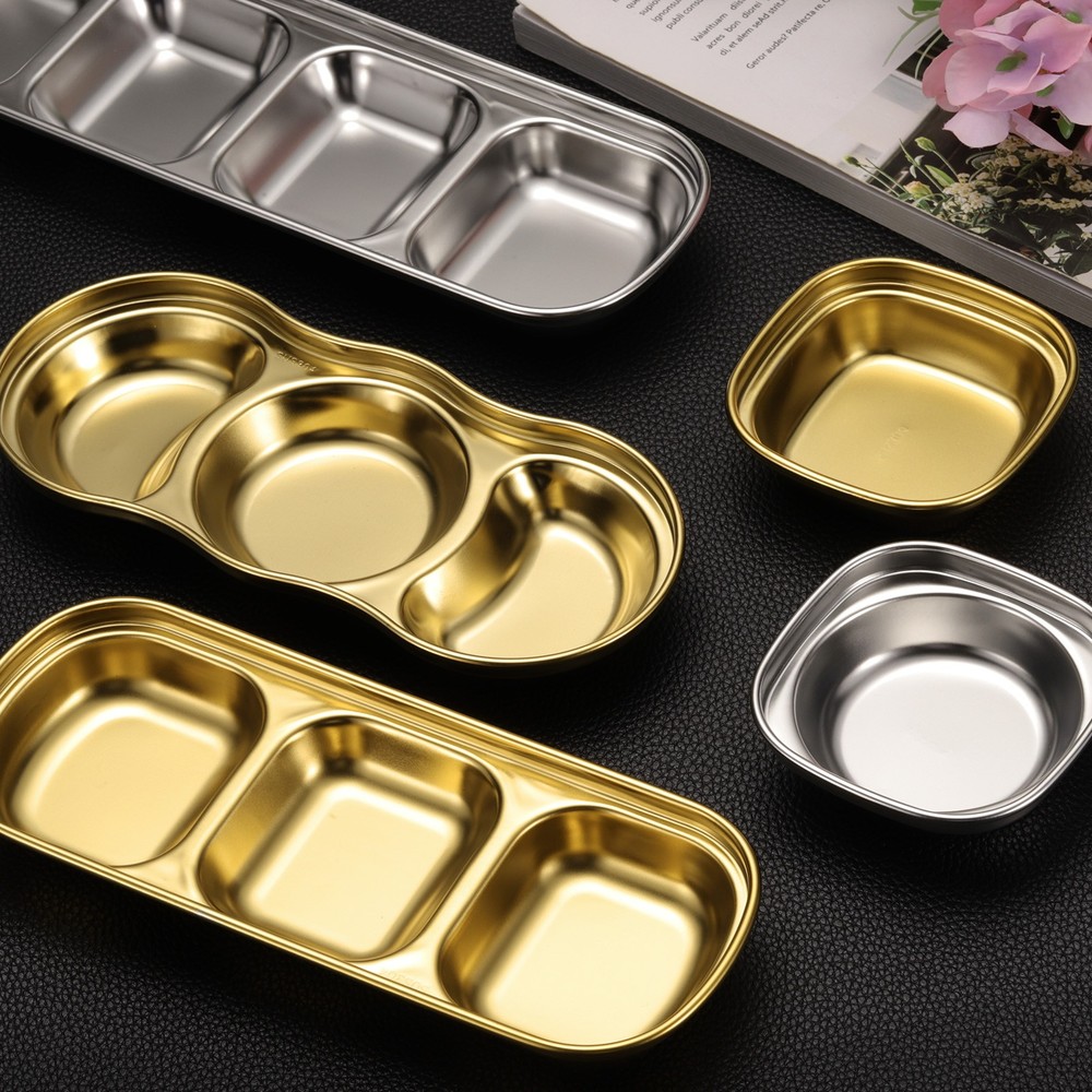4pcs Metal Dish Dipping with 1 Round Compartment Divided Silver