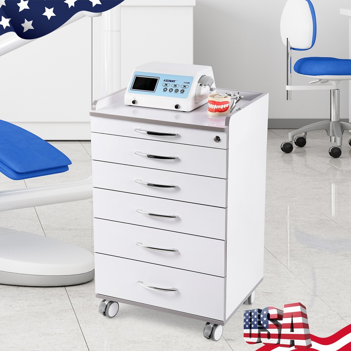 Acrylic Mobile Cabinet with Five Drawers Dental Silicone Wheels Instrument Trays