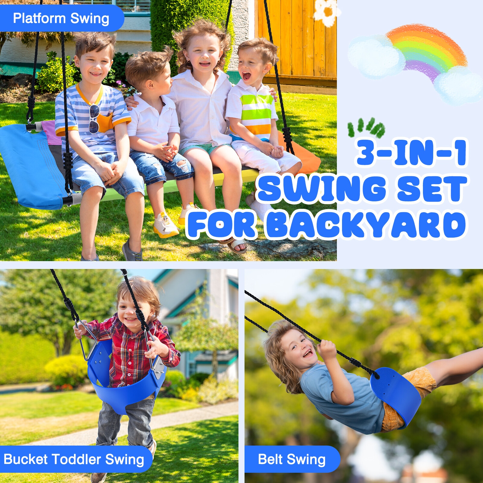 440lbs 4 IN 1 Backyard Metal Swing Set with Three Swing Heavy Duty A-Frame Stand