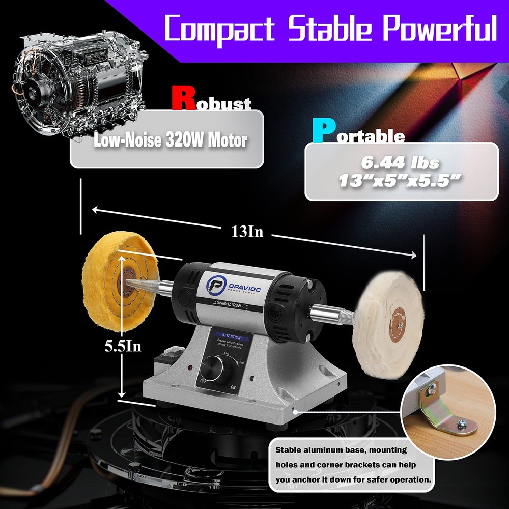 OPAVIOC Jewelry Polisher - Adjustable Variable Speed Bench Grinder Silver