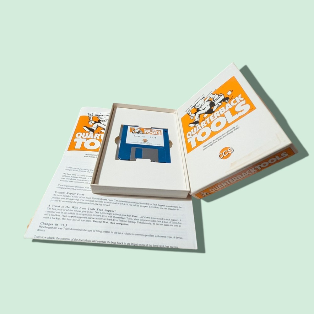 Quarterback Tools - CCS Software & Manual for the Amiga  1990's. Orange Box