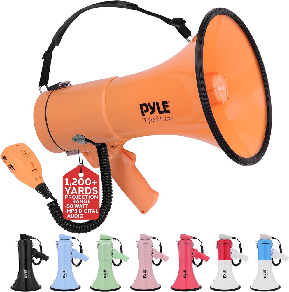 50W Megaphone Bullhorn - Portable, Automatic Siren & Adjustable Volume, Projecti
