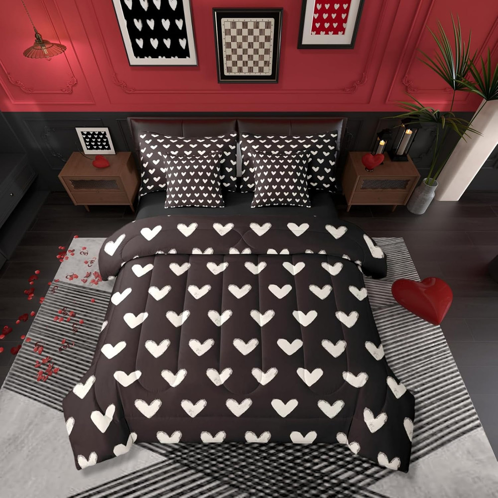Black White 7 Pcs Comforter Set Queen Bed in a Bag,Cute Heart Pattern Bedding Se