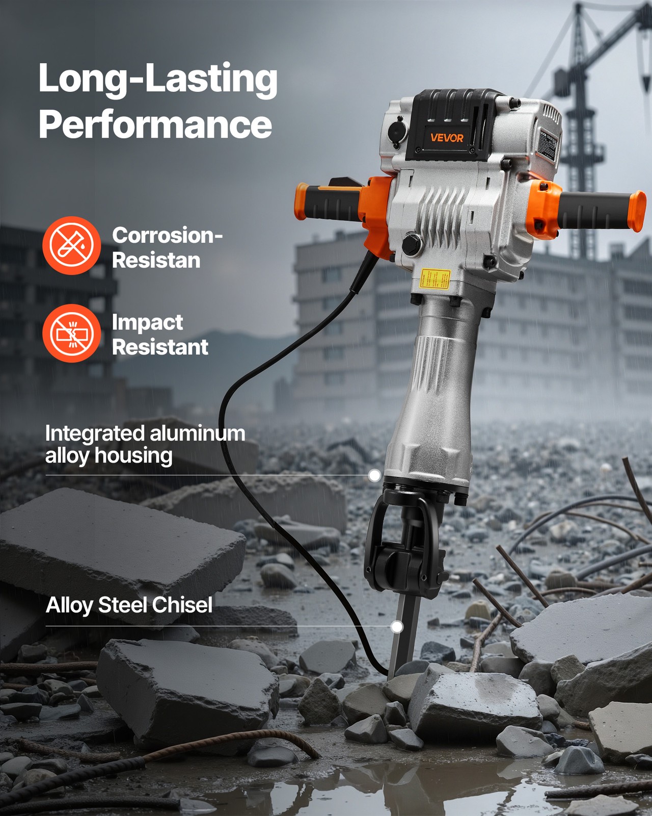 VEVOR Demolition Jack Hammer Electric Concrete Breaker 2100 W 1650 BPM Trolley