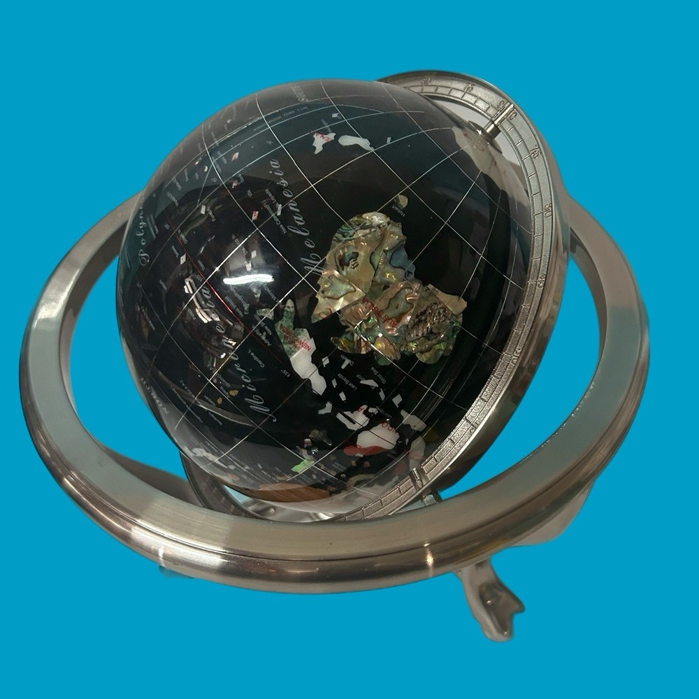 Black Onyx Gemstone Globe With Silver Stand And Compass 15”Tall 13”Diameter