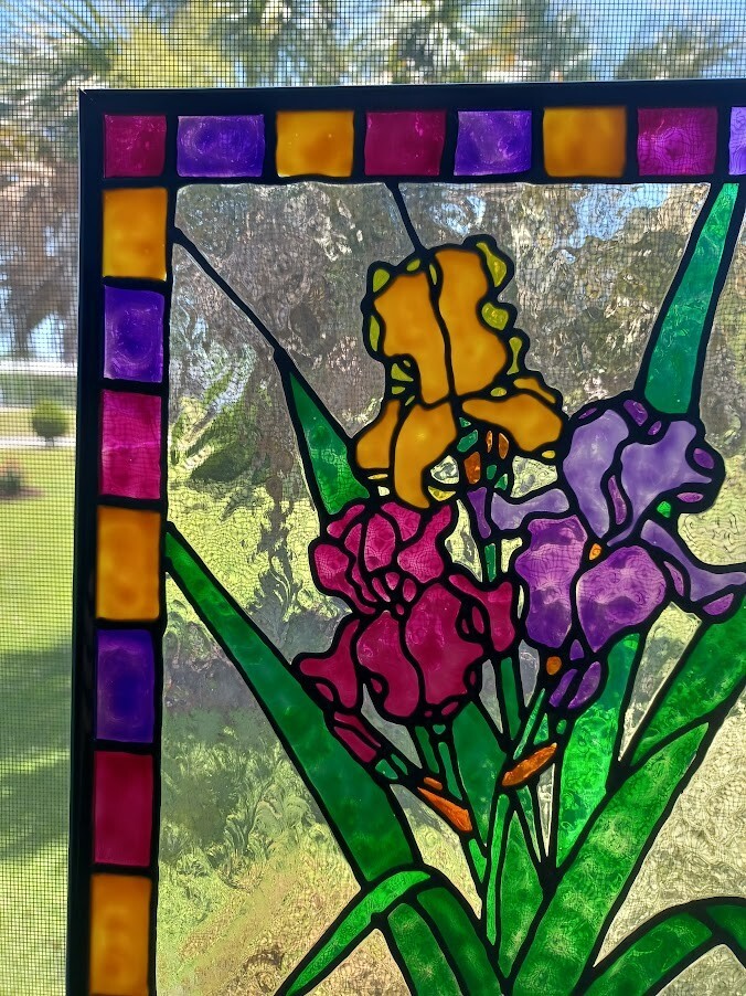Irises Stained Glass Window Panel Hand Painted
