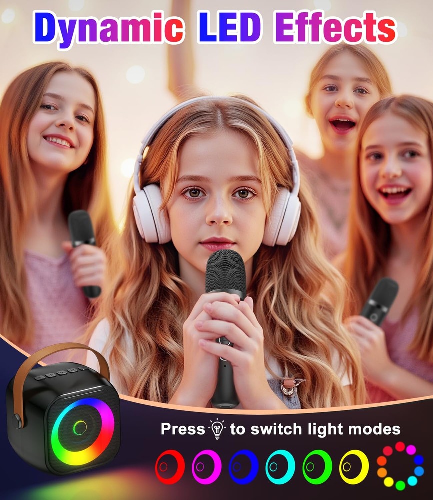 Mini Karaoke Machine, Portable Bluetooth Speaker with 2 Wireless Microphones ...