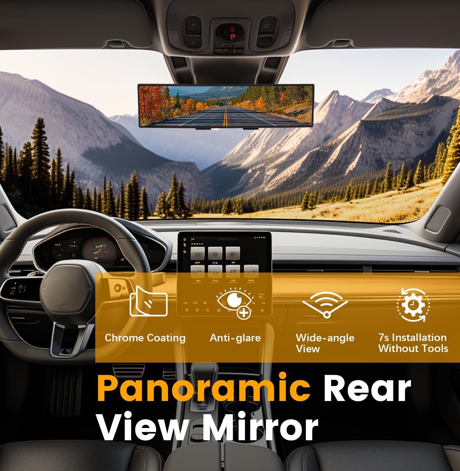 Rear View Mirror, Chrome Anti-glare Panoramic Rear Mirrors Universal 12 Inch Con