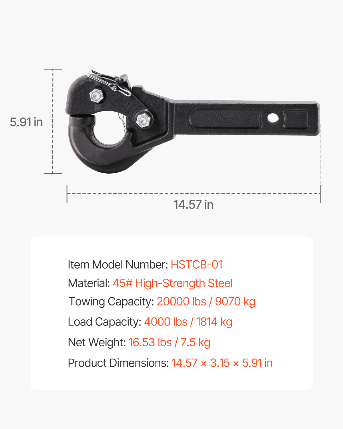 Pintle Hitch 2 inches Receiver Hook for 2.5 to 3 inches Lunette Ring 20000 lbs