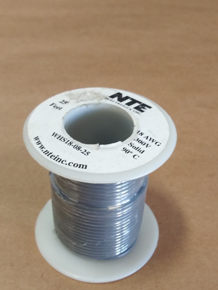 ( 25 FT Spool ) NTE WHS18-08-25 ( 18 AWG ) Solid Hook Up Wire 300V ( Gray )