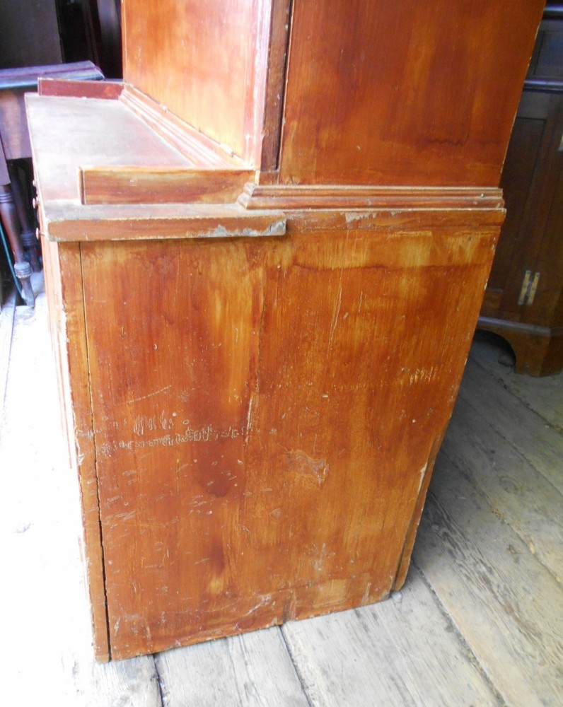 ANTIQUE PAINTED COUNTRY PINE STEPBACK DROP FRONT DESK AND BOOKCASE