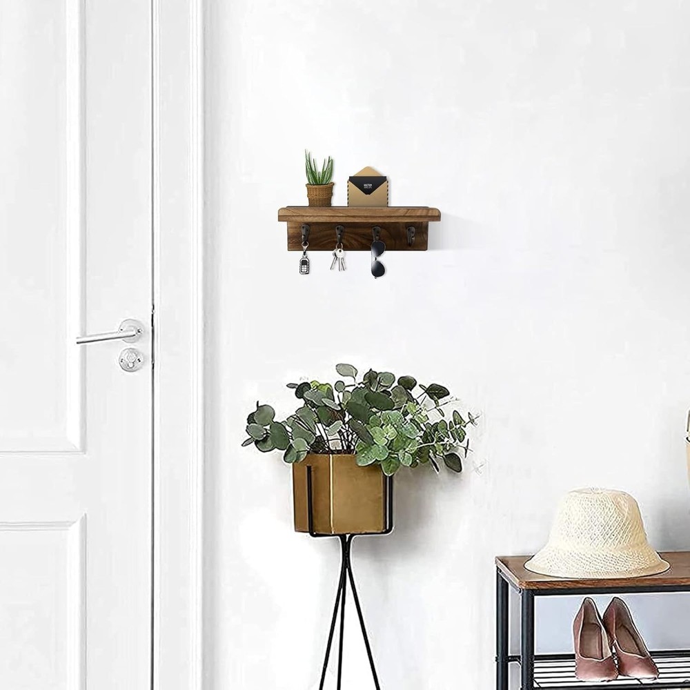 Rustic Wall Key Holder with 4 Hooks & Floating Shelf for Elegant Organization