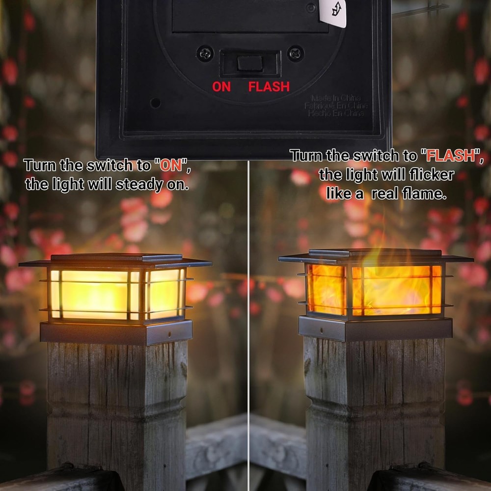 Dynaming 2 Pack Solar Post Cap Lights 2 Flickering Flame Lights, Black