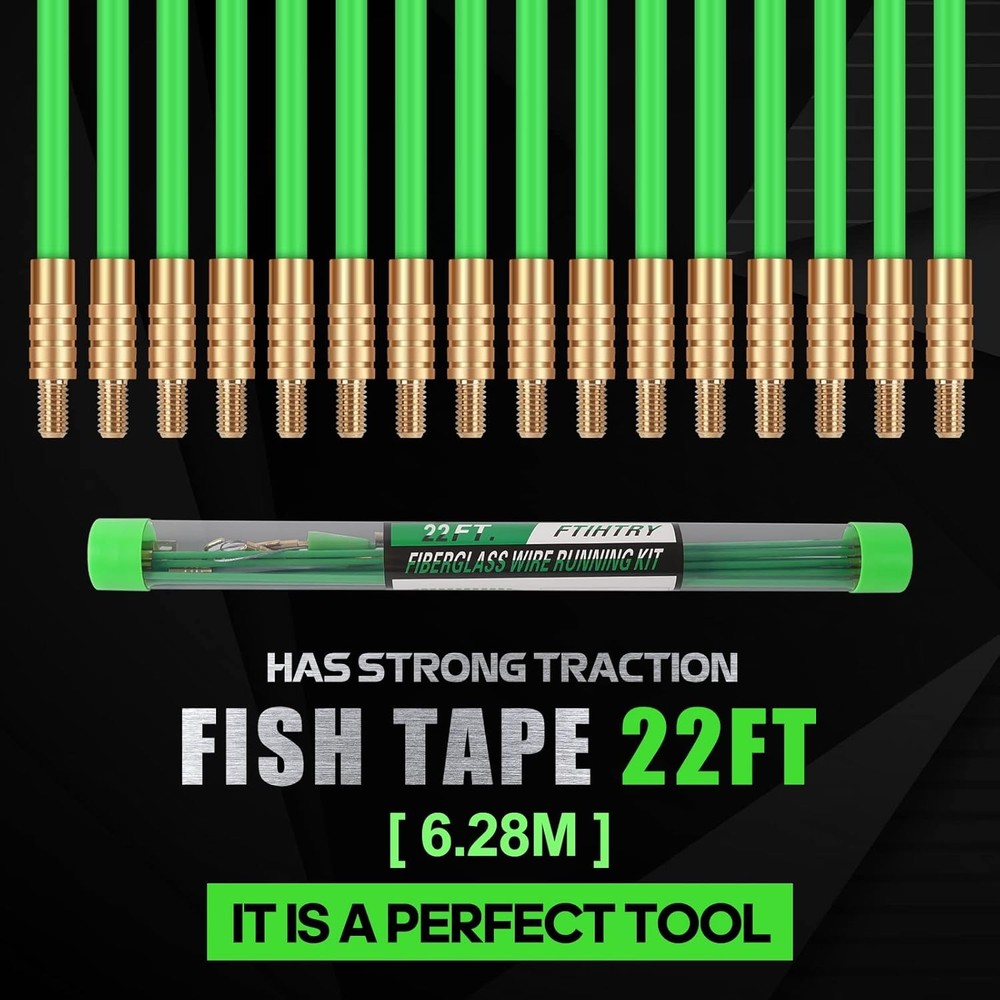 22FT Fiberglass Running Electrical Wire Cable Glow Rods Pulling, GREEN