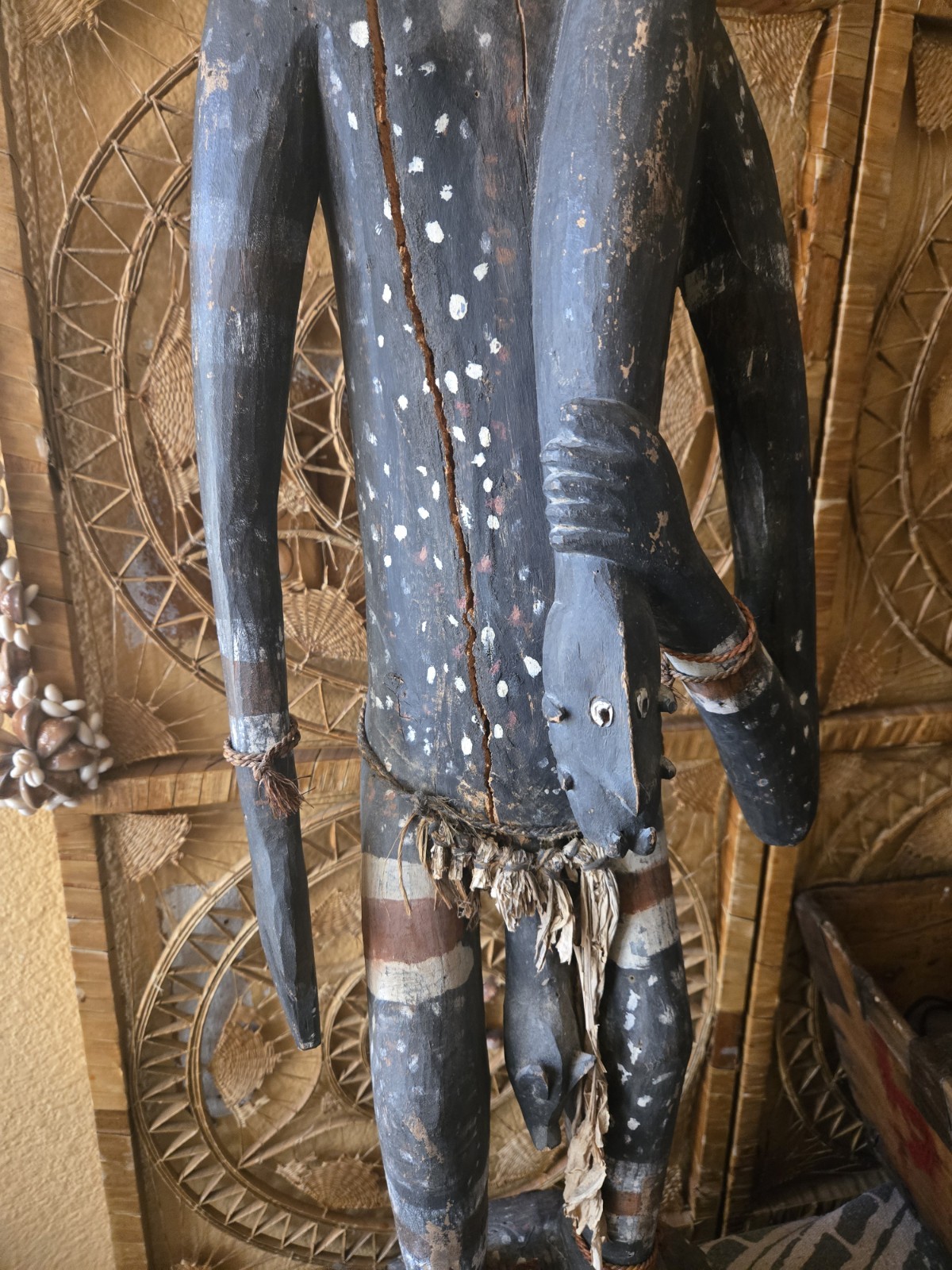 XL Papua New Guinea Ancestor Figure 46" Wood, Shell, Hair, Fiber, Animal Motifs