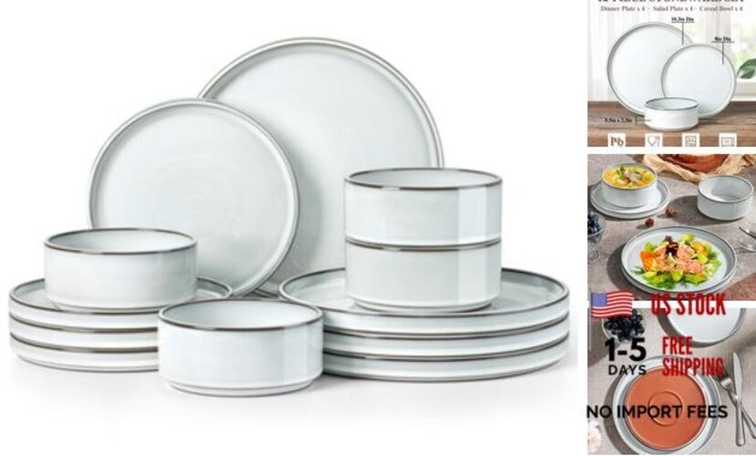 12 Pieces Stoneware Dinnerware Set for 4, Ceramic Dinner Dishware Icy White