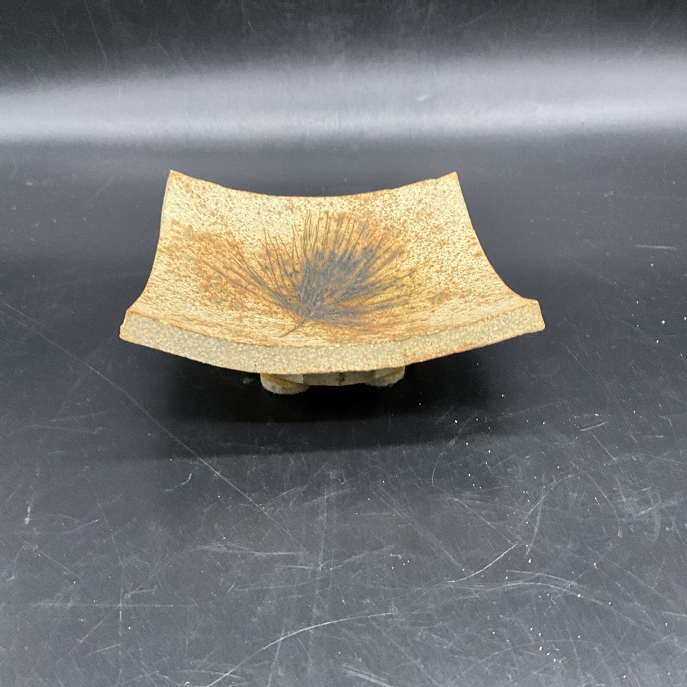 Signed Artesian Stoneware Pottery Pine Needle Imprint Trinket Dish