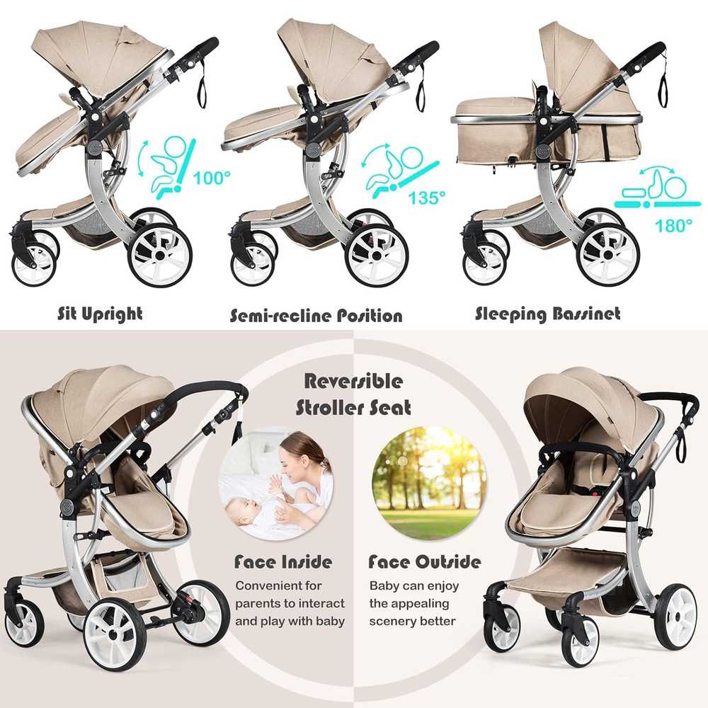 Versatile 2-in-1 Baby Stroller with Reversible Bassinet & Adjustable Canopy