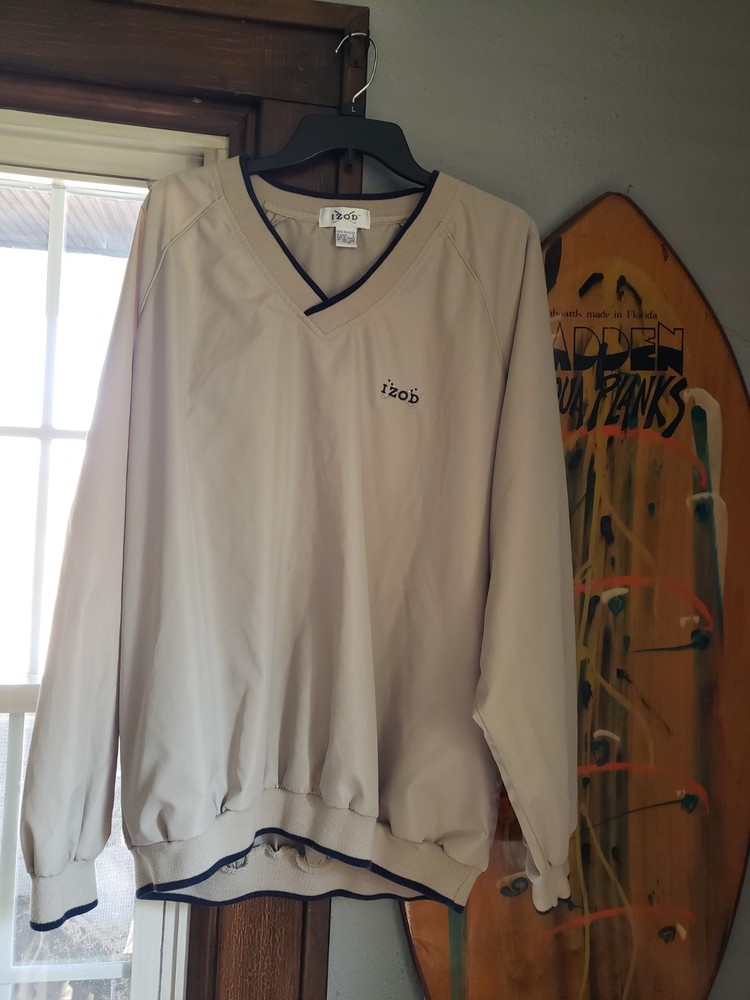 Izod Golf V Neck Windbreaker Pullover Top,  Khaki/navy, Size Large