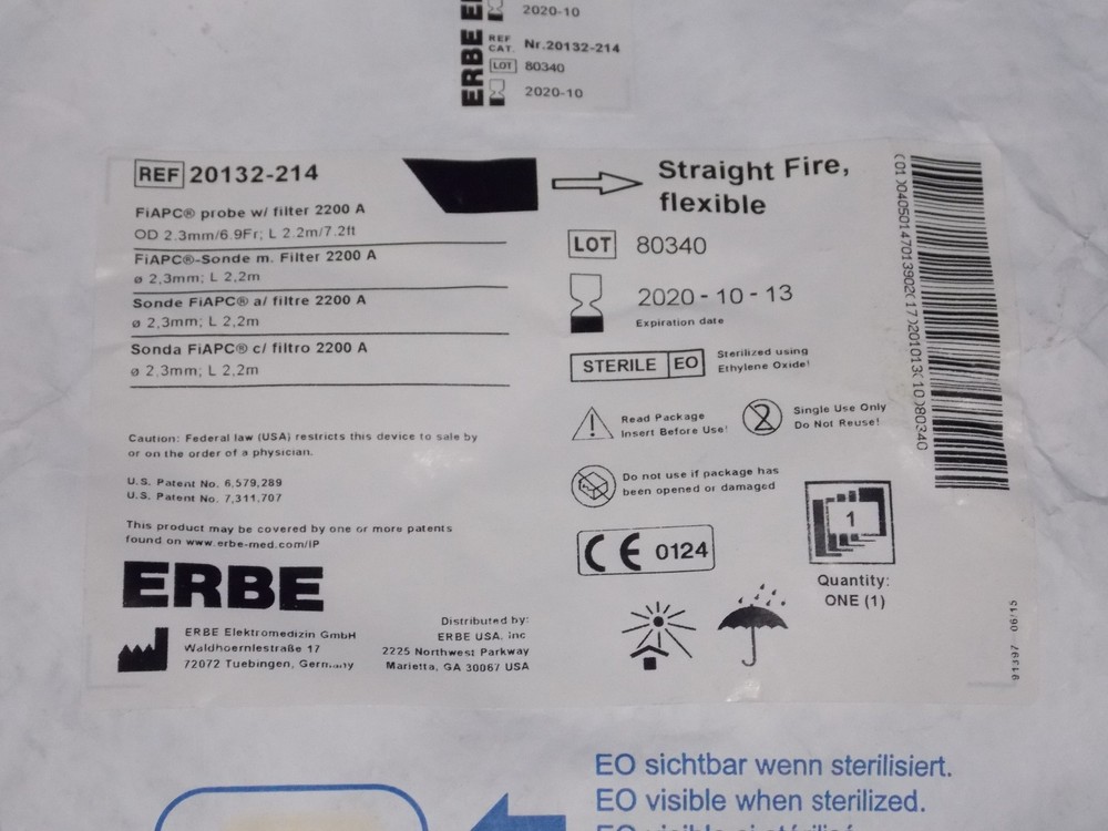 ERBE Argon Electrode 20132-214 FIAPC probe w/ filter 2200A Straight Fire