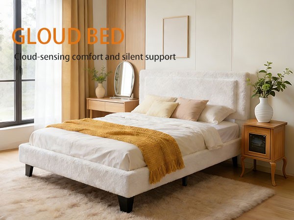 Bed Frame Full Size Upholstered Bed Frame with Adjustable Headboard Solid Wood