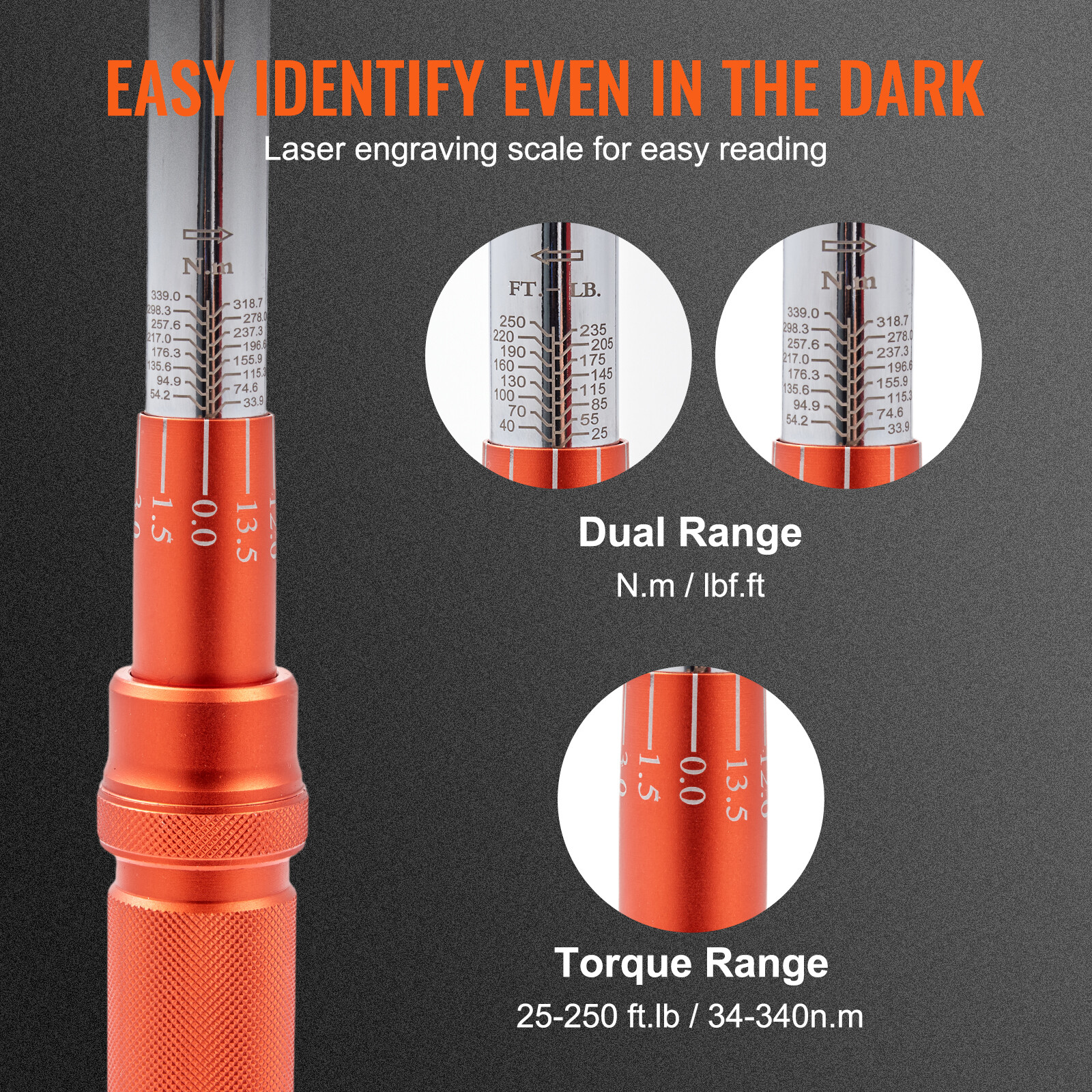 VEVOR Torque Wrench 1/2inch Drive 25-250ft.lb/34-340n.m Torque Wrench Set