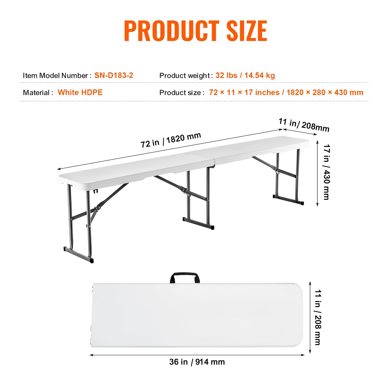 VEVOR Plastic Folding Bench, 6ft Portable Folding Bench, Smooth High Density Pol