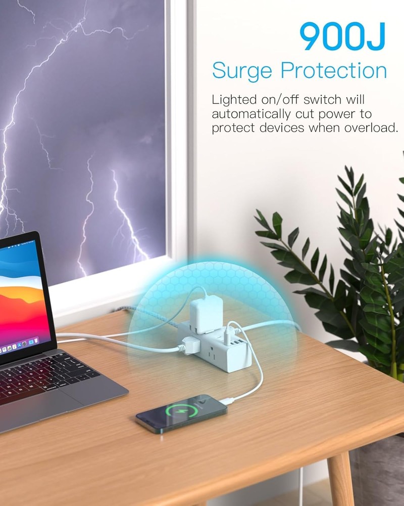 Power Strip Surge Protector 6 Outlets 4 USB (2 USB-C) 5Ft Extension