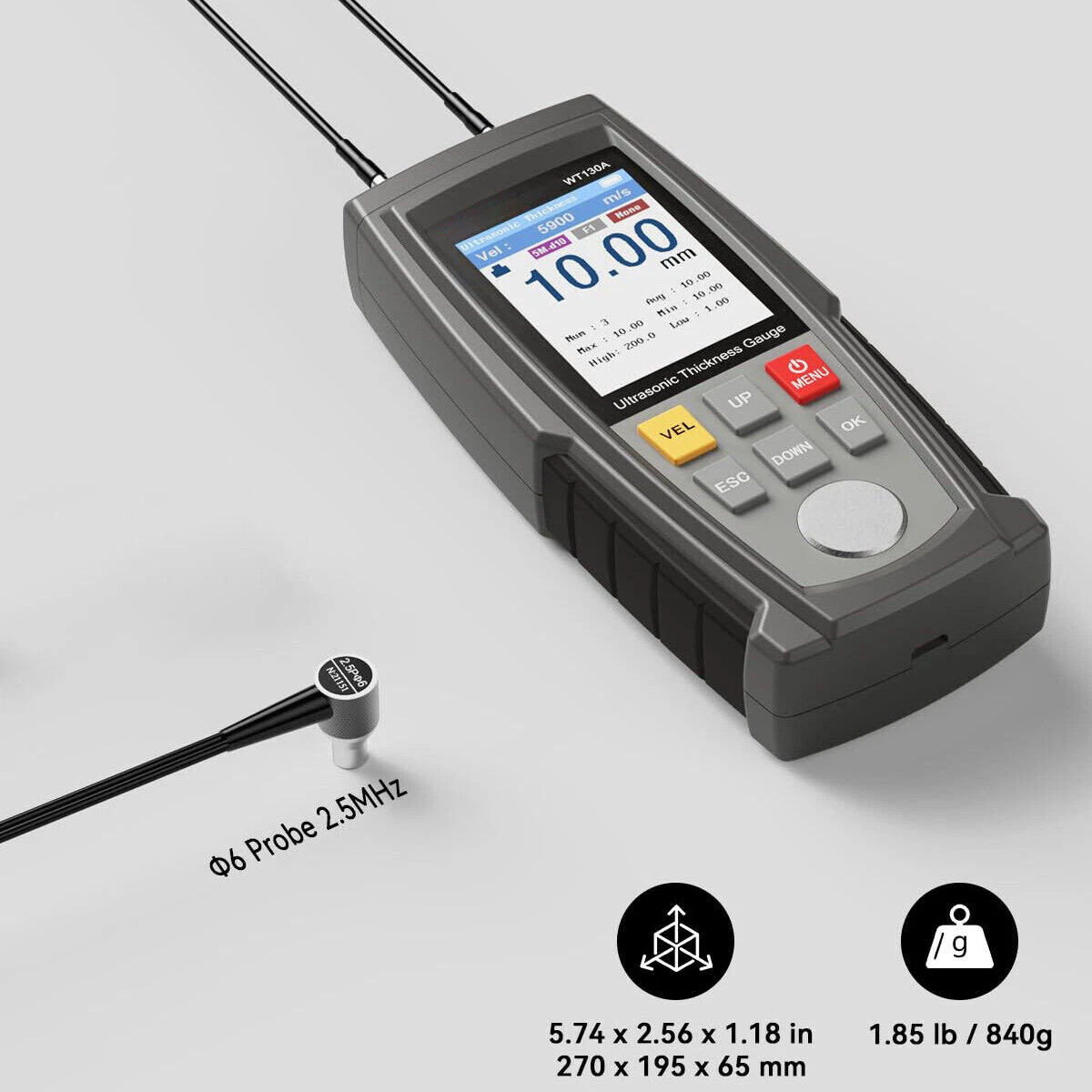 Digital Ultrasonic Thickness Gauge Tester 0.039 to 11.81 in For Metal Cast Iron