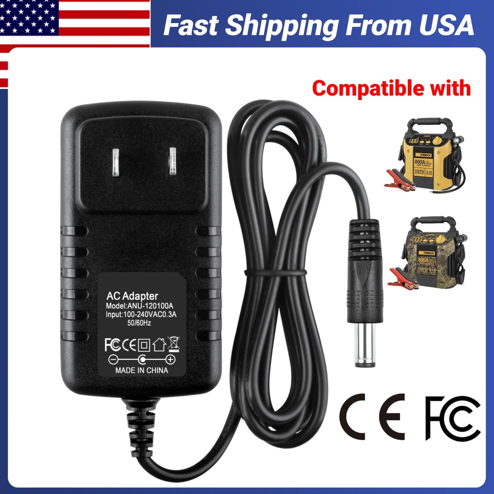 12V Charger Compatible With EverStart Maxx J7CCE/J7CE  800A Jump Starter