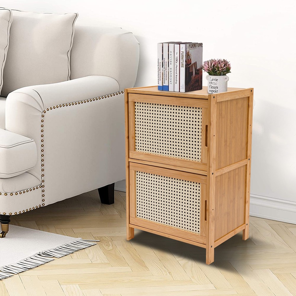 End Side Bedside Table Nightstand Sideboard w/ Rattan Decorated Drawers Storage