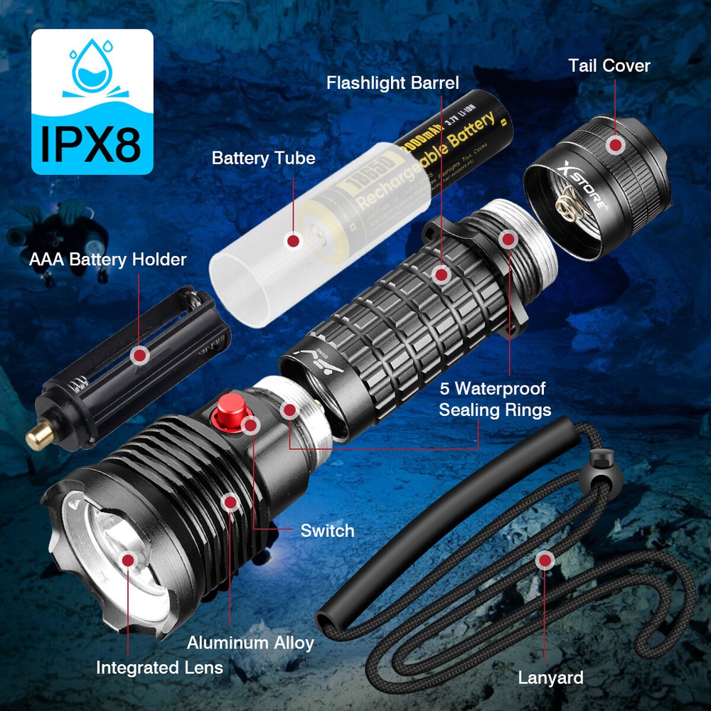 Diving Flashlight 3000LM Rating Professional Diving Light Underwater Flashlight