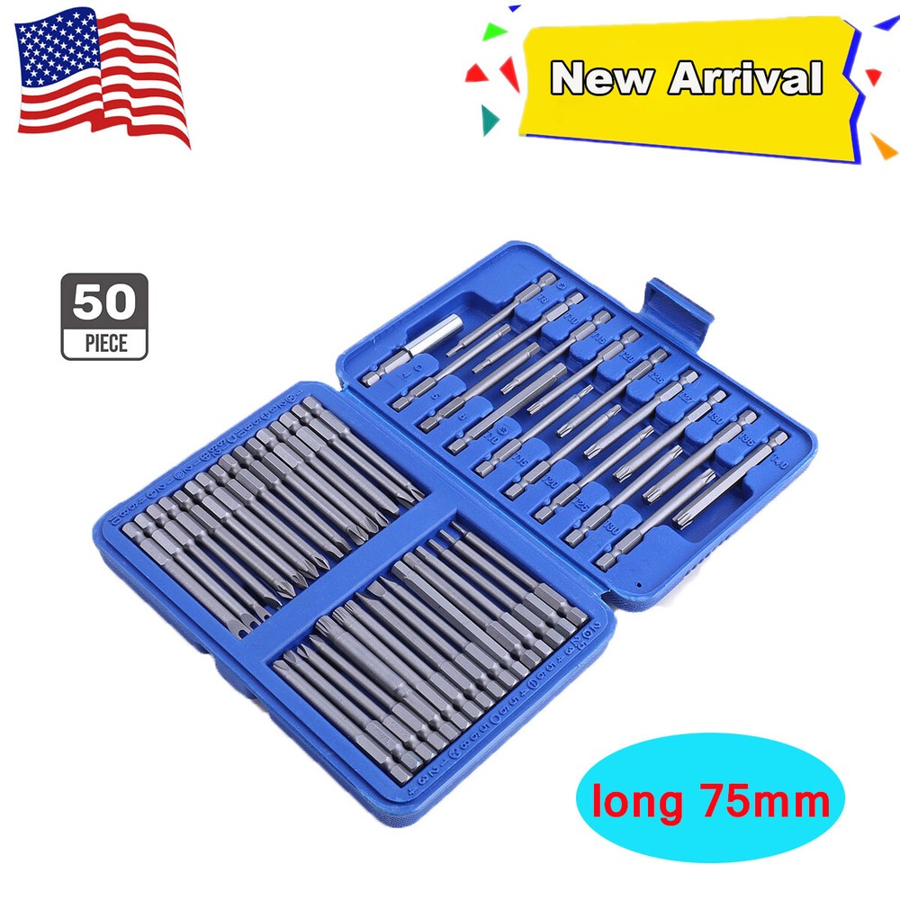 50Pcs Extra Long Security Bits Hex Torx Star Spline Flat Screwdriver Bit Box Set