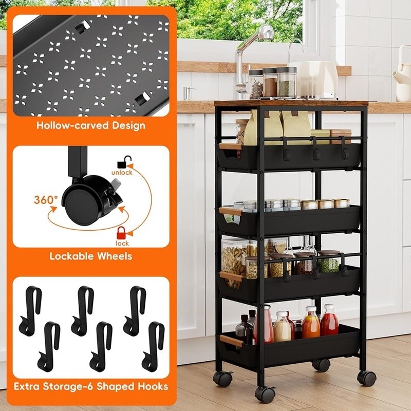 Multi-Functional Rolling Utility Cart W/ Pull-Out Drawers & Ventilated Baskets