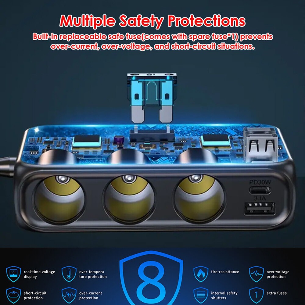 Car Cigarette Lighter Socket Splitter USB-C Fast Charger Power Adapter Outlet