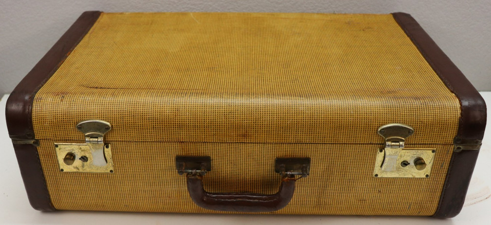WWII US Vintage Tan suitcase with leather trim 21"x13 1/2" x 6 1/2"