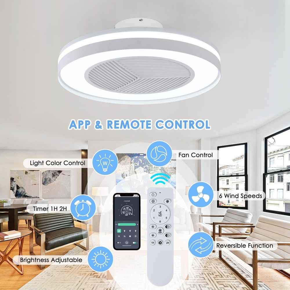 Smart Low Profle Ceiling Fans with 3-Dimmable Light Remote/APP Control, 20" B...